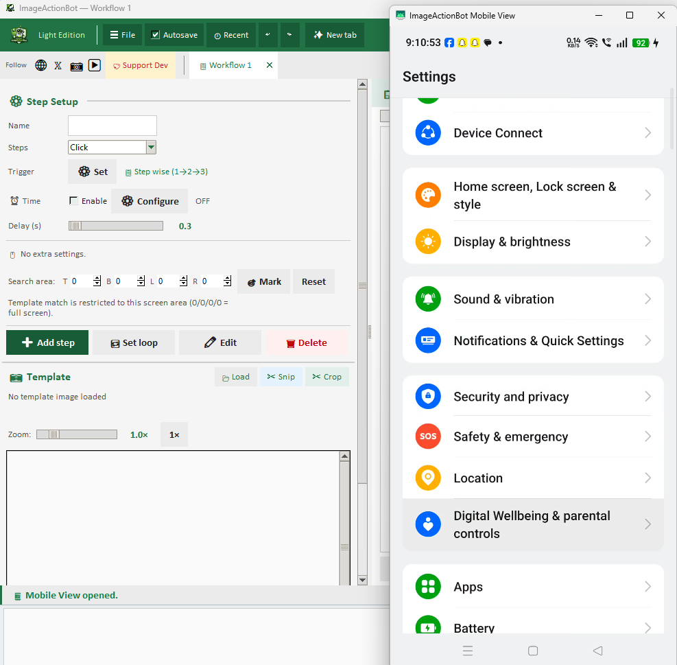 Android mobile automation controls in ImageActionBot showing live device-driven workflow support
