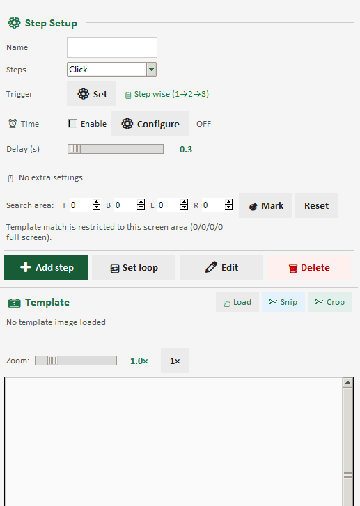 Step setup panel: choosing action type, targets, and options for an automation step